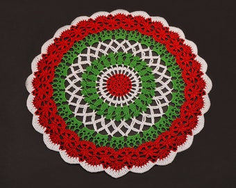 ヴィンテージ かぎ針編み クリスマス ドイリー 2 枚セット 赤と緑