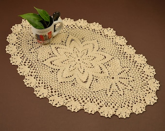 Beautiful New Oval Beige Cotton Hand-crocheted Tablecloth