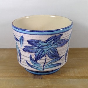 Vintage 1970s West German Pottery Fat Lava MAREI KERAMIK Blue & White Flowers Sgraffito Planter Pot