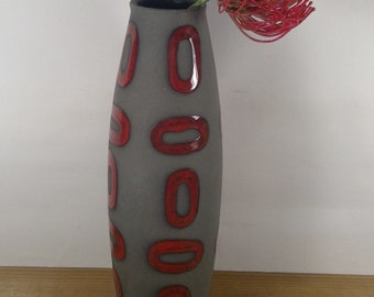 Vintage Mid Century West Germany Amano Keramik "Bullet" Vase - Gray with Blood Red Ovals  #629-27