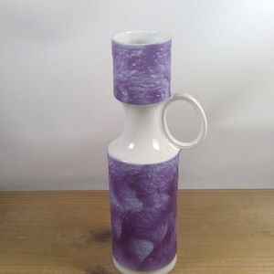 Mid Century Vintage 1970&#39;s KPM Royal Porzellan Bavaria Germany White Glaze and Purple Bisque Hooped Handled OP ART Pottery Vase - 609/0