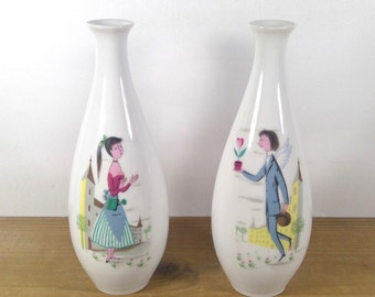 Mid Century Vintage Rosenthal Raymond Peynet Lovers Male and Female Vases (Pair)