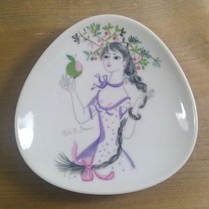 Mid Century Rosenthal Bele Bachem Porcelain Art Oblong Dish – Woman Holding Apple with Long  Black Hair in Ponytail