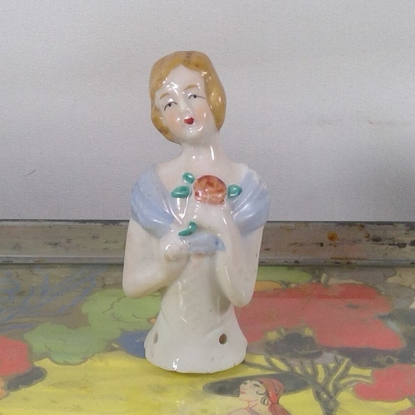 Antique. Art Deco Japan Lovely Porcelain Half Doll Pink Rose Flower Light Blue Shawl Bob Haircut Figurine