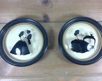 Vintage Peter Watson Studio Convex Glass Silhouettes Victorian Woman Dancing & Playing Piano Framed Art Set of 2