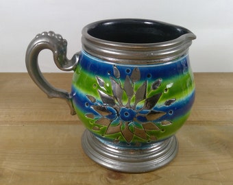 Mid Century Rosenthal Netter High Gloss Silver & Enamel Italy Ceramic Blue and Green Pitcher