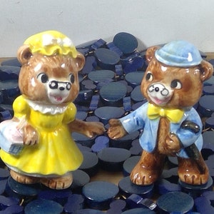 Vintage Anthropomorphic Pair of Adorable Grandpa and Grandma Bears Figurines Holding Hands