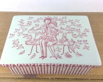 Mid Century Vintage Raymond Peynet "Lovers in the Park" Danish Denmark Scandinavian Nymolle Red and White Covered Trinket Box