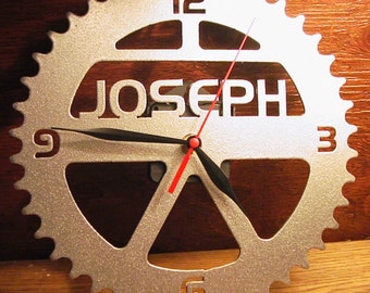 10" Bike Sprocket Clock w/your TEXT in Real Steel! Metal Art Wall Decor - Handmade in the USA