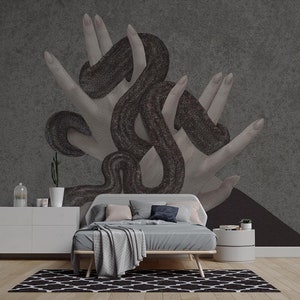 Dark Gray Mystic Snake in Hands - Removable Sticky Mural, Vinyl self adhesive wallpaper.