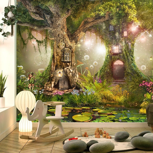 Fairy Forest Houses - Self-adhesive Removable Mural, Decal, Nursery Decor, Tapestry, Backdrop. Interior design, custom size