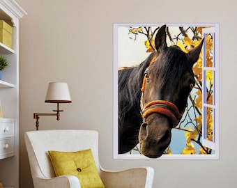 Horse in window - Sticker, Peel & Stick Removable Decal, Poster, Mural.