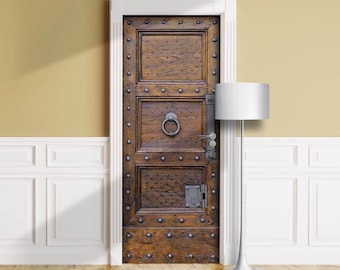 Old Wooden Gate - Door Mural, Peel Stick Castle Entrance Cover, Retro Wrap with Rivets, Removable Carved Decal, Wallpaper, Vintage Door Skin