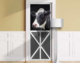 Black Cow in Farm, 3D Effect - Mural for Door, Wall, Fridge, Cowshed Sticker, Barn Peel Stick Cover, Self-adhesive Decal, Wrap. Milk Animal
