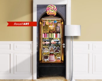 Door Mural - Candy Shop, Old Sweets Store. Removable Decal, Self-adhesive Cover, Cling, Wrap For Window, Wall, Fridge. 3D effect. Custom