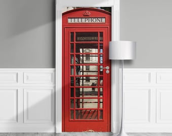 Muurschildering van een telefoonceldeur - Londense telefooncel. Zelfklevende, verwijderbare hoes, wrap, achtergrond, zelfklevende sticker, Britse poster.