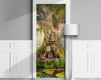 Magic Forest, Oak - Door Mural, Removable Decal, Self-adhesive Cover, Cling, Wrap For Window, Wall, Fridge. Fairy House of Elf. Custom size