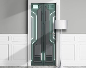 May include: A gray door with a futuristic design featuring white glowing lines and a silver door handle. The door is set against a white wainscoting wall.