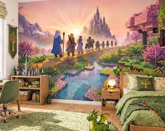Fantasy Voxel Landscape Wall Mural with Castle, Magical Journey Scene for Kids Room Decor