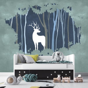 Magic Deer in Forest - Self-adhesive Removable Mural, Decal, Wallpaper, Tapestry, Backdrop. Nursery design, custom size