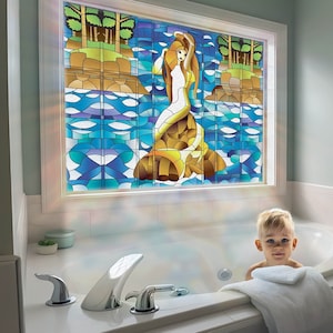 Stained Glass Mermaid - Translucent Decal for Window, Glass Door, Sticker, Peel and Stick Cover, Self-adhesive Film, Removable Mural.