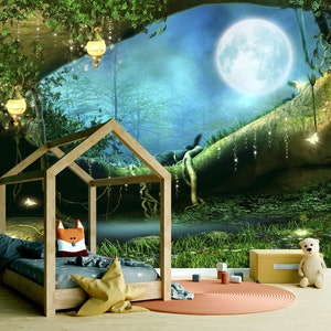 Luna nella grotta magica - Adesivo murale rimovibile, decalcomania, carta da parati, arazzo, fondale. Progettazione della cameretta del bambino, dimensioni personalizzate.
