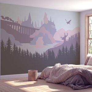 Fantast Castle in the Lavender and Blush - Zelfklevende verwijderbare sticker, muurschildering, behang, achtergrond. Kinderkamer, meisjeskamer
