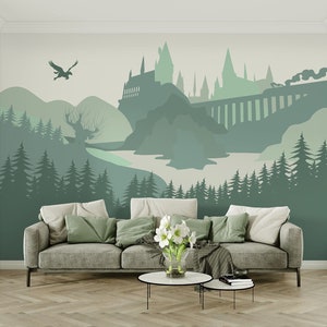 Wizard's Castle Wall Mural in Pastel Colors - Self-adhesive Removable Decal, Wallpaper, Backdrop. School of Magic, Nursery Decoration.