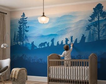 Epic Fantasy Adventure Silhouette Wall Mural in Peel and Stick, Traditional, or Tapestry Fabric