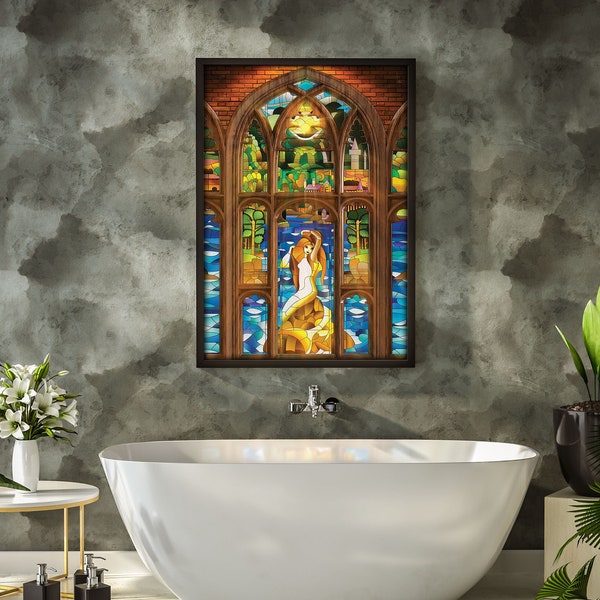 Magic Mermaid - Framed Poster. Bath or Nursery Decor, Wizards Castle, Stained Glass Imitation Print