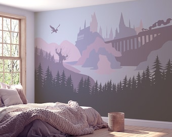 View on the Wizards' Castle in the Lavender and Blush - Self-adhesive Removable Mural, Decal, Wallpaper, Backdrop. Nursery design, custom