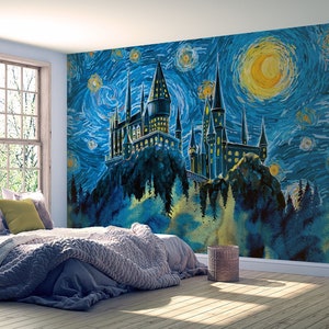 Wizards' Castle at Starry Night - Self-adhesive Removable Mural, Decal, Wallpaper, Backdrop. Nursery design, van Gogh Style