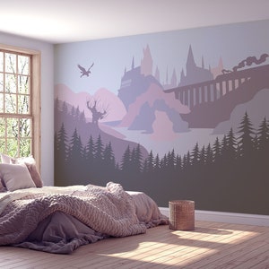 View on the Wizards' Castle in the Lavender and Blush - Self-adhesive Removable Mural, Decal, Wallpaper, Backdrop. Nursery design, custom