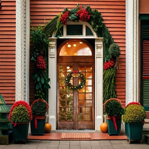 Christmas Door Mural - Wreaths Decorated Removable Holiday Decal for Home, Peel and Stick Wrap, Self-adhesive Cling. Printed decoration