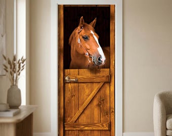 Horse in Stable Door Wrap - Laminated Peel and Stick Mural for Rustic Farmhouse Style Home Decor. Rental Friendly