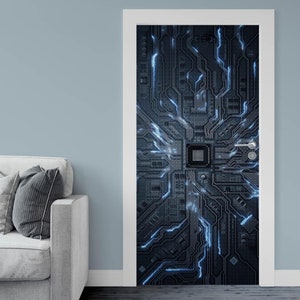 May include: A door decal featuring a blue and black circuit board design with glowing blue lines. The design resembles a computer motherboard with a central processing unit.