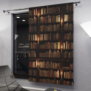 Bookcase Window Curtain - Blackout Darkening Wizard School Curtain, Magical Candles and Spell Book Drapes, Bedroom Decor, Playroom, Nursery