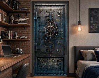 Steampunk Door Wrap, 3D-Look Vintage Vault Mechanical Safe Peel and Stick Door Mural, Industrial Gears Decal for Teen Room & Man Cave Decor