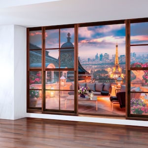 Pariser Balkon am Abend – selbstklebendes, abnehmbares Wandbild, Aufkleber, Tapete, Hintergrund. Blick von der Terrasse auf den Eiffelturm. Benutzerdefinierte Größe