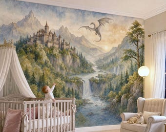 Fantasy Castle Wall Mural with Dragon, Fairy Tale Landscape Wallpaper, Peel and Stick, Tapestry