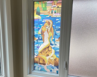 Stained Glass with Mermaid - Translucent Mural for Door, Window, Sticker, Peel and Stick Cover, Self-adhesive Decal, Removable Wrap, Cling.