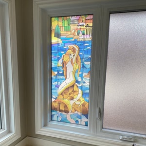 Stained Glass with Mermaid - Translucent Mural for Door, Window, Sticker, Peel and Stick Cover, Self-adhesive Decal, Removable Wrap, Cling.