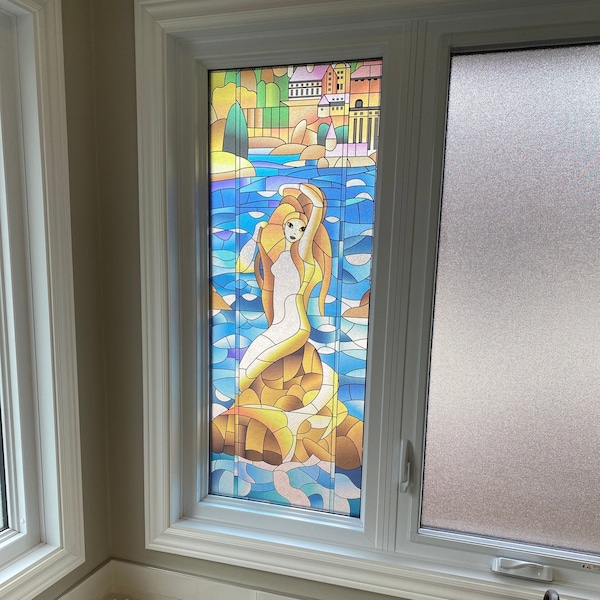 Buntglas mit Meerjungfrau – durchscheinendes Wandbild für Tür, Fenster, Aufkleber, Peel-and-Stick-Abdeckung, selbstklebender Aufkleber, abnehmbare Folie, zum Anhaften.