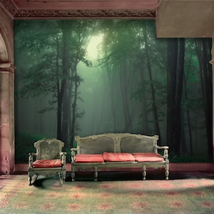 Foresta profonda mistica nella nebbia - Adesivo murale rimovibile, decalcomania, carta da parati, sfondo. Calm Mist, design d'interni, dimensioni personalizzate