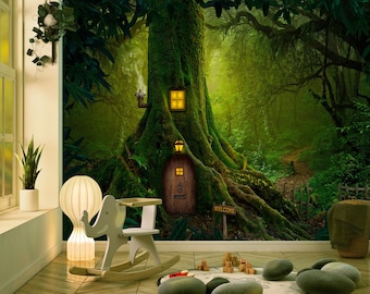 Magical Oak, Fairy Tale, Forest House - Self-adhesive Removable Mural, Decal, Wallpaper, Tapestry, Backdrop. Nursery design, custom size