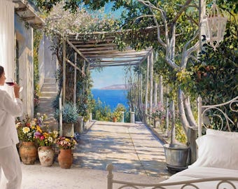 Mediterranean Wall Mural, Fine Art Wallpaper with 3D Coastal Terrace Sea View