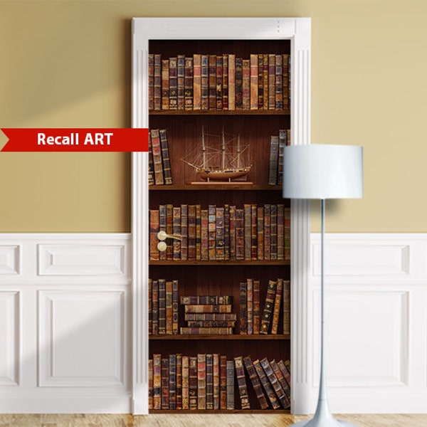 Door Mural - Antique Books, Shelves, Bookcase, Library. Decal for Door, Window, Wall, Fridge, Peel Stick, Self-adhesive Wrap, Tapestry.