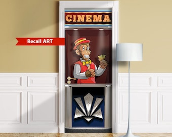 Cinema Ticket Booth - Mural for Door, Wall, Fridge, Sticker, Skin, Cover, Wrap, Decal, Poster, Decole, Cling. Monkey usher.