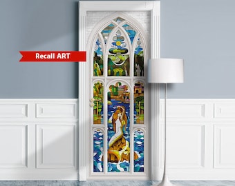 Mermaid Stained Glass - Door Mural, Decal for Window, Wall, Fridge, Peel Stick poster, Self-adhesive Decal, Wrap, Cling, Tapestry