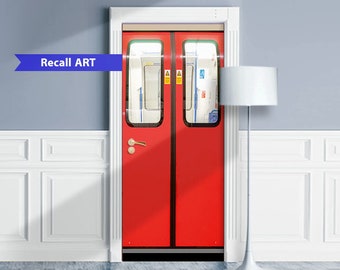 May include: A red double door with a window on each panel. The windows show the interior of a subway car. The door is in a white doorway with white wainscoting on the walls.